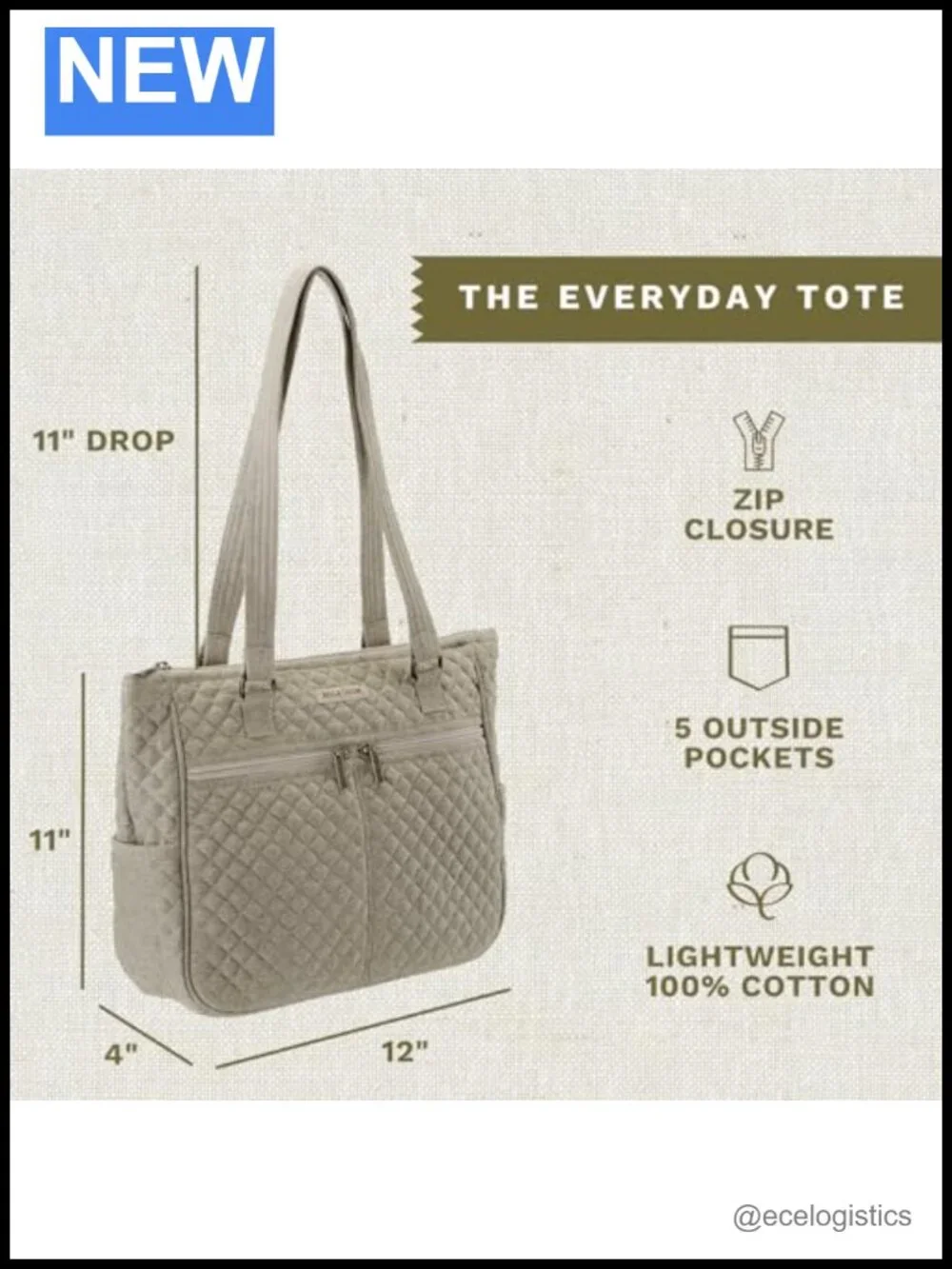 Quilted Cotton Shoulder Tote Bag with 10 Pockets Machine Washable